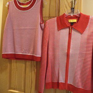 ST. JOHN BUTTON TWINSET~Gold Label ZIP CARDIGAN+TANK~Red and White Stripe~Medium